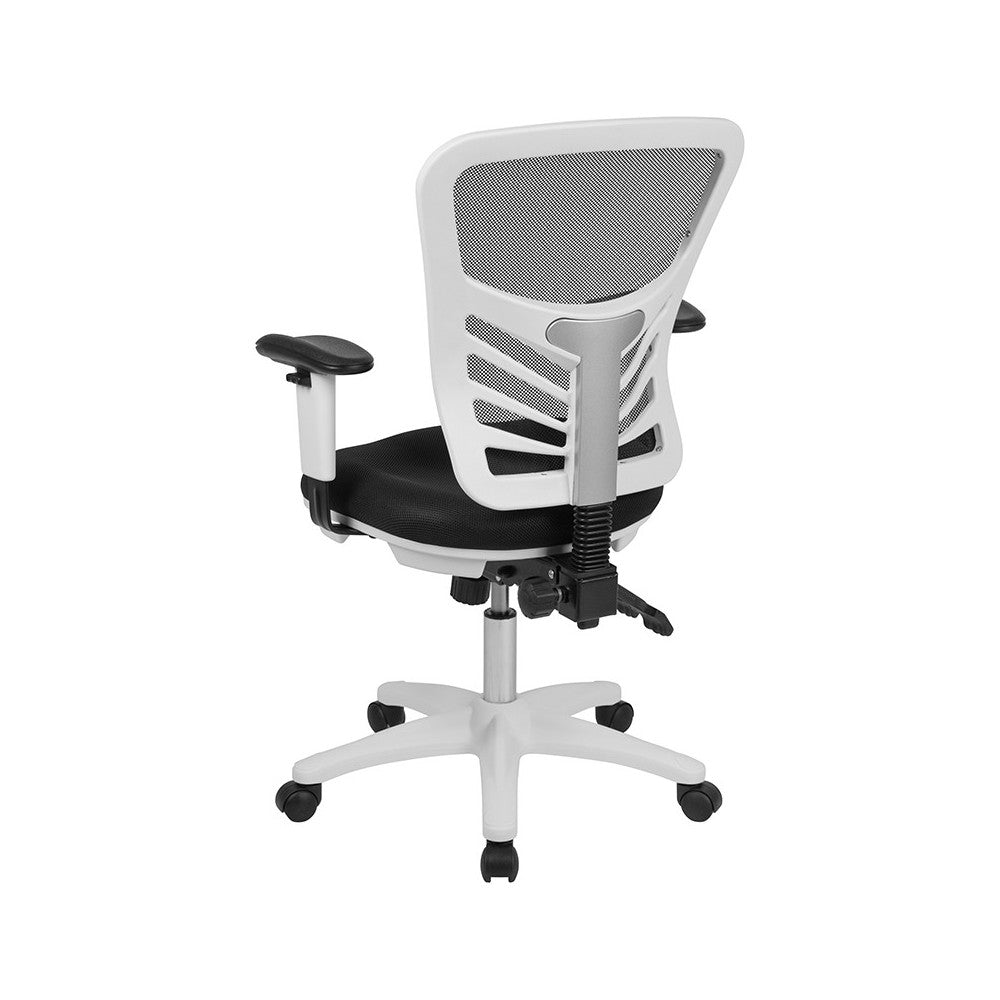 Mid-Back Black Mesh Multifunction Executive Swivel Ergonomic Office Chair with Adjustable Arms and White Frame