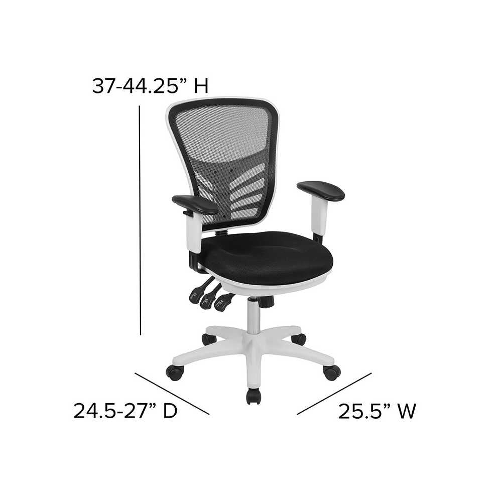 Mid-Back Black Mesh Multifunction Executive Swivel Ergonomic Office Chair with Adjustable Arms and White Frame