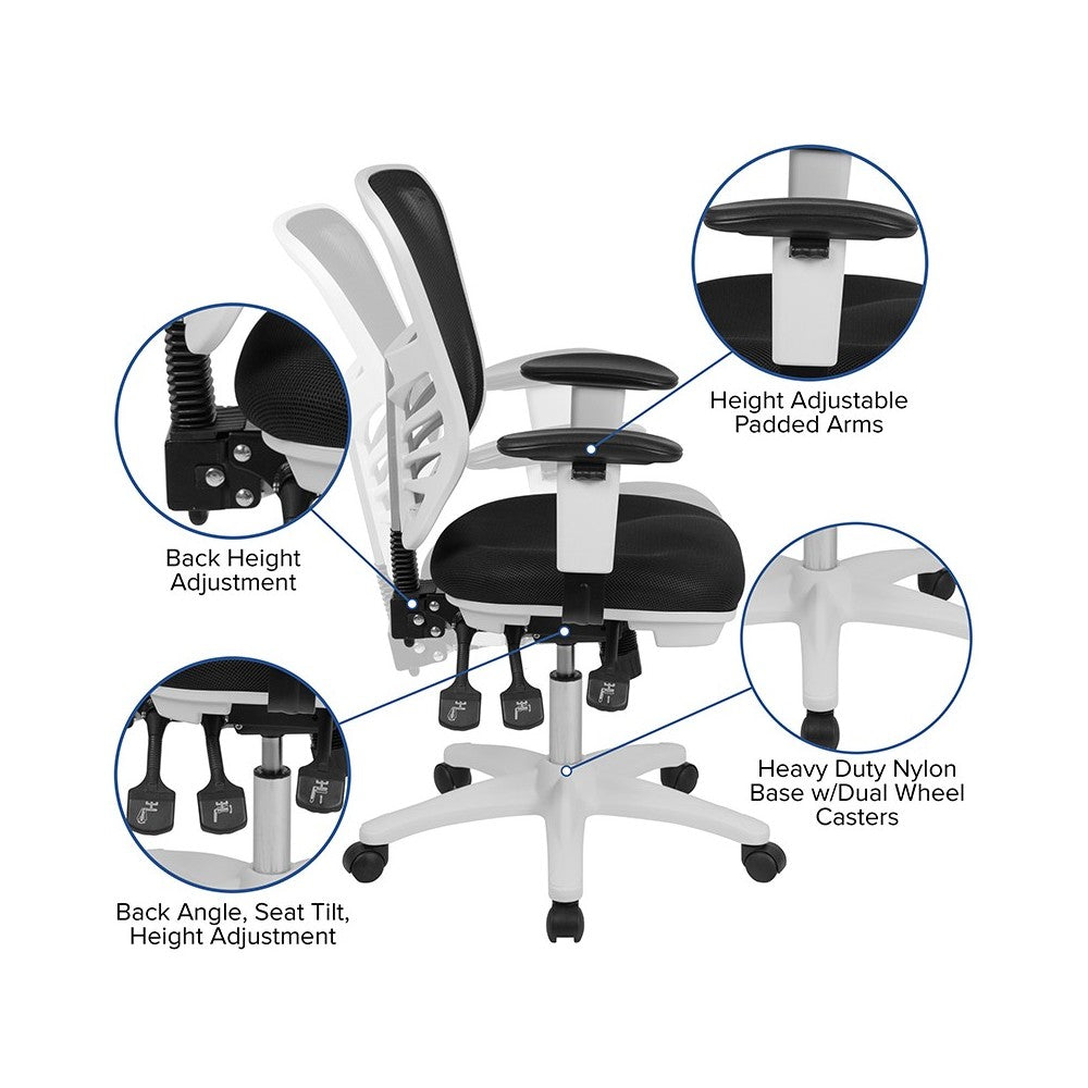 Mid-Back Black Mesh Multifunction Executive Swivel Ergonomic Office Chair with Adjustable Arms and White Frame