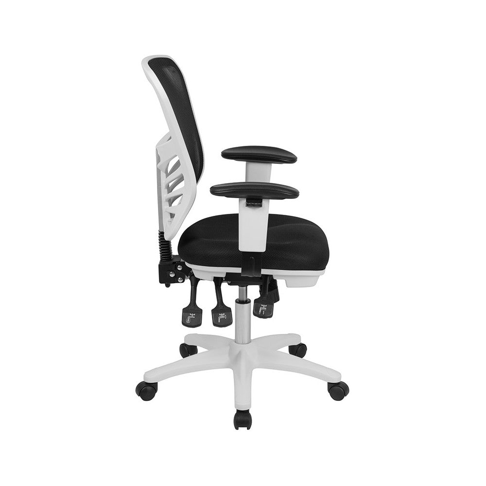 Mid-Back Black Mesh Multifunction Executive Swivel Ergonomic Office Chair with Adjustable Arms and White Frame