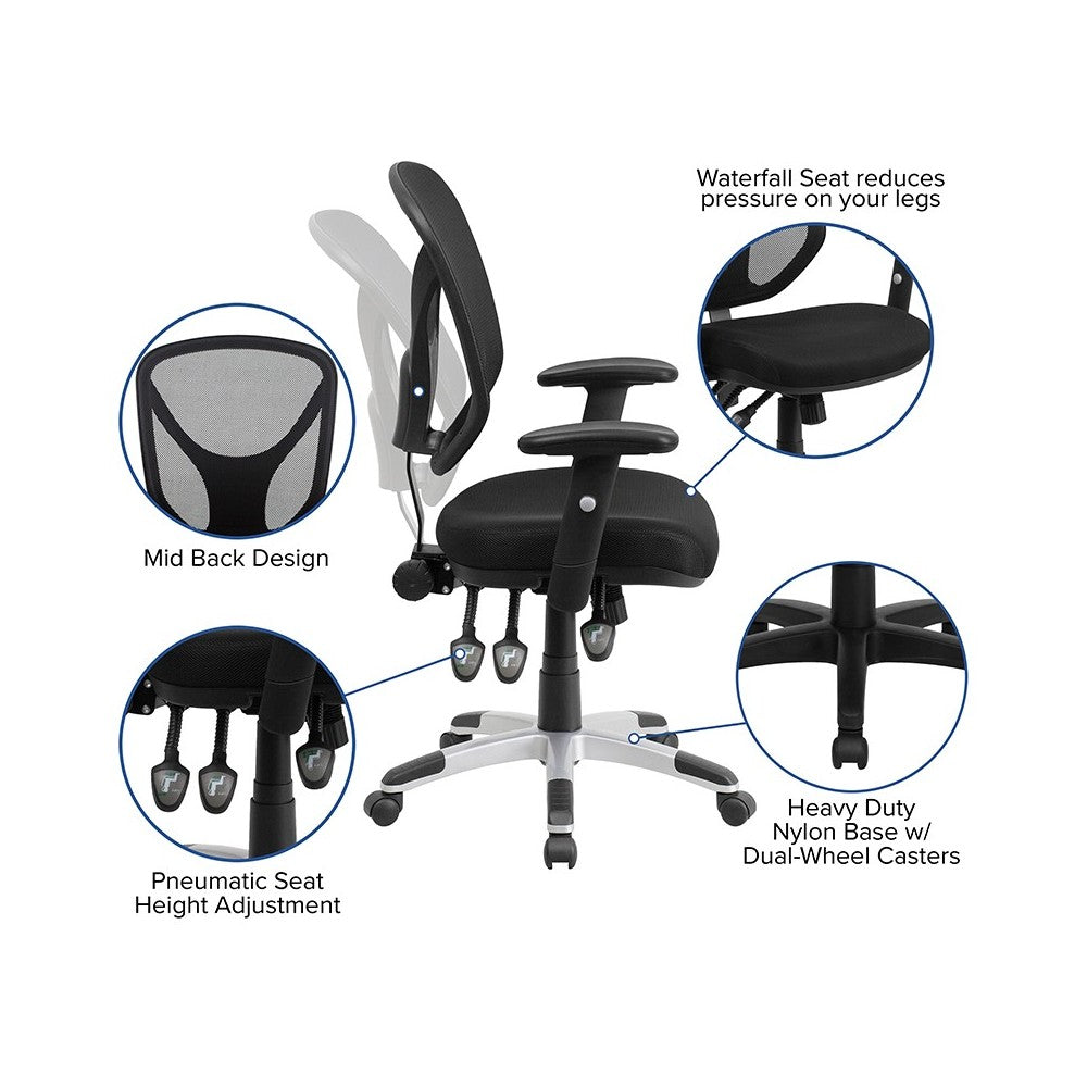 Mid-Back Black Mesh Multifunction Swivel Ergonomic Task Office Chair with Adjustable Arms