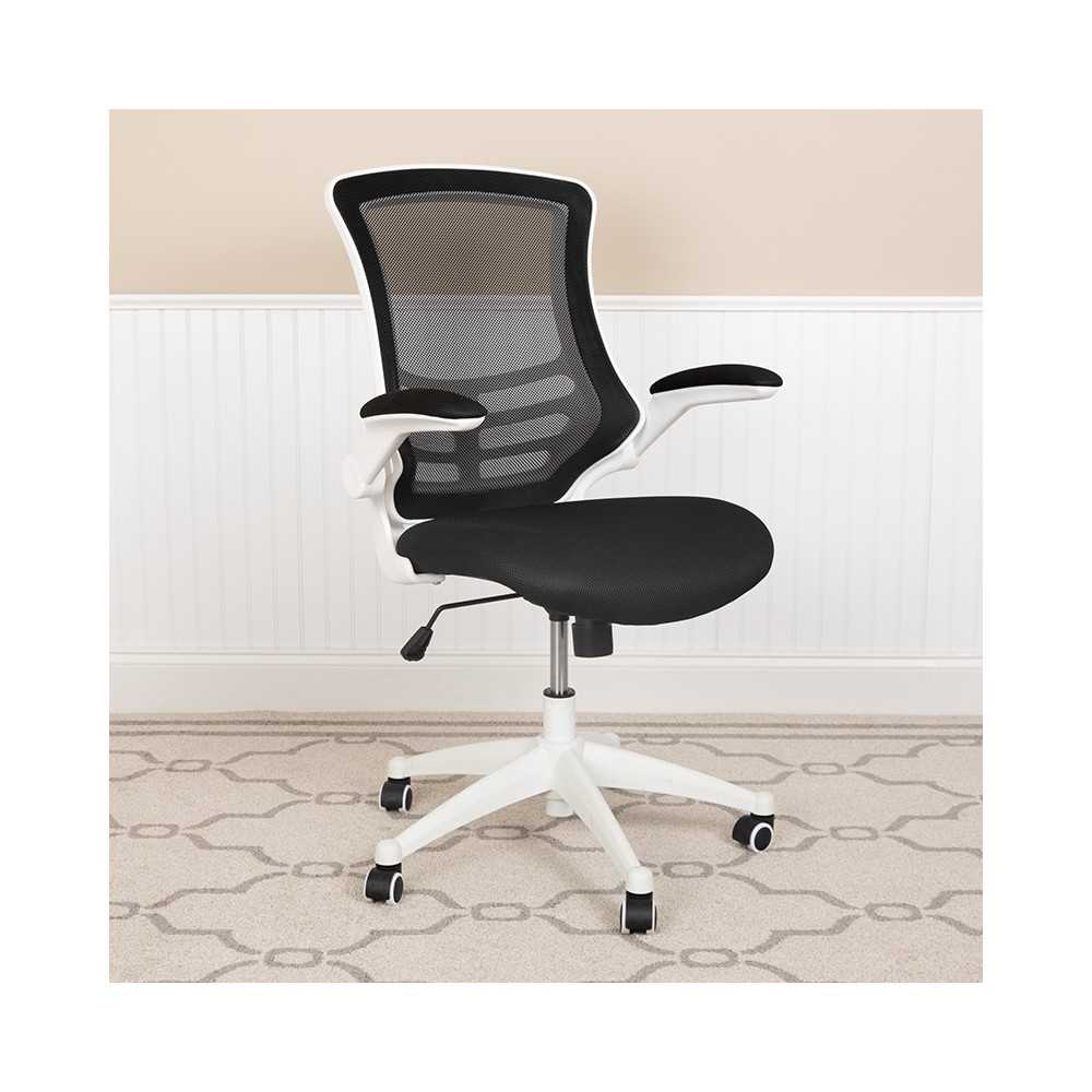 Mid-Back Black Mesh Swivel Ergonomic Task Office Chair with White Frame and Flip-Up Arms