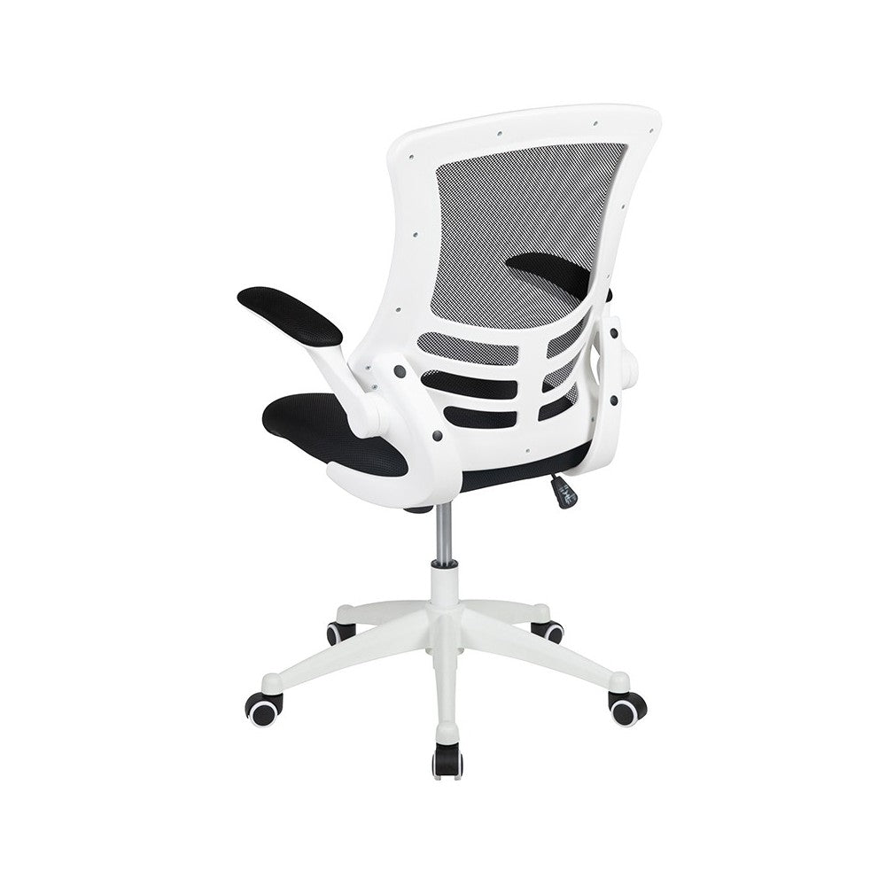 Mid-Back Black Mesh Swivel Ergonomic Task Office Chair with White Frame and Flip-Up Arms