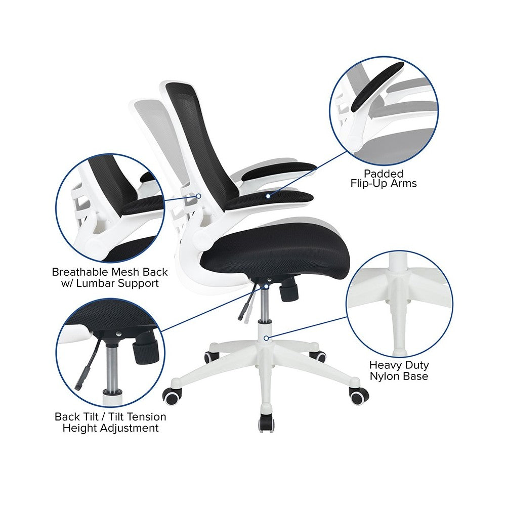 Mid-Back Black Mesh Swivel Ergonomic Task Office Chair with White Frame and Flip-Up Arms