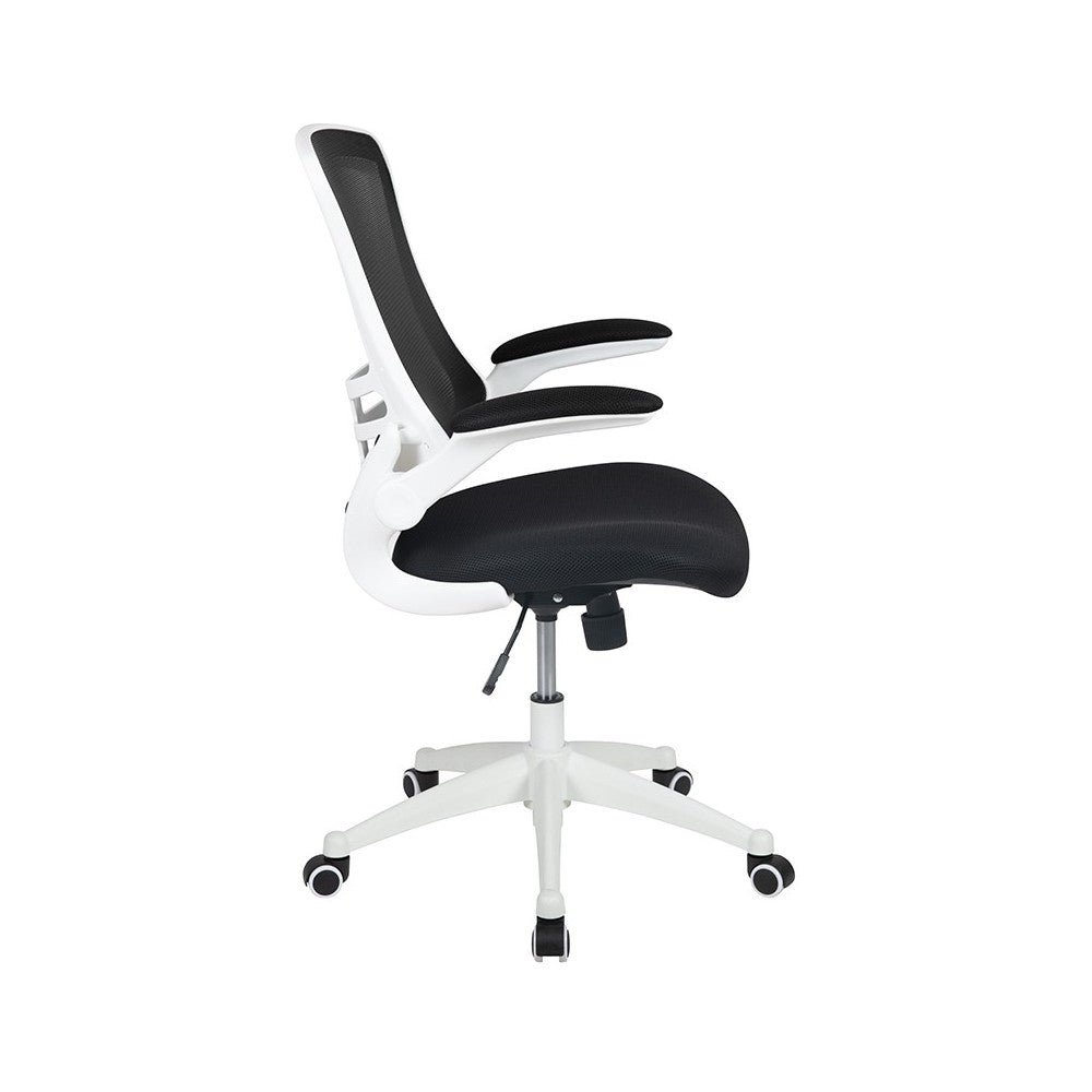 Mid-Back Black Mesh Swivel Ergonomic Task Office Chair with White Frame and Flip-Up Arms