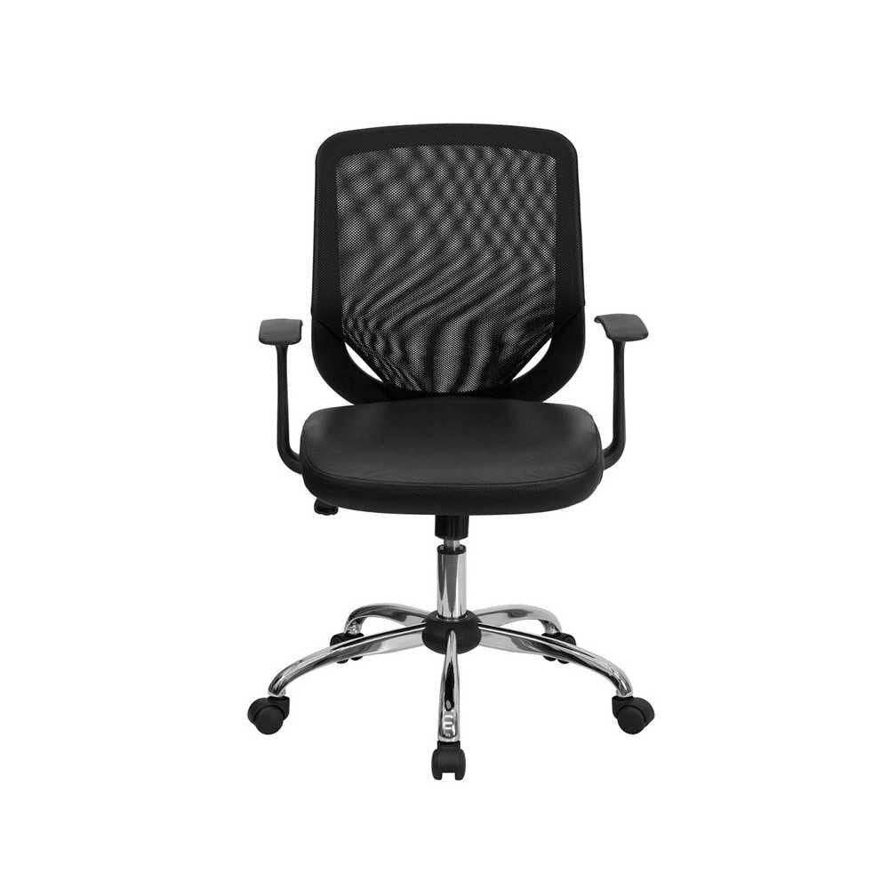 Mid-Back Black Mesh Tapered Back Swivel Task Office Chair with LeatherSoft Seat, Chrome Base and T-Arms