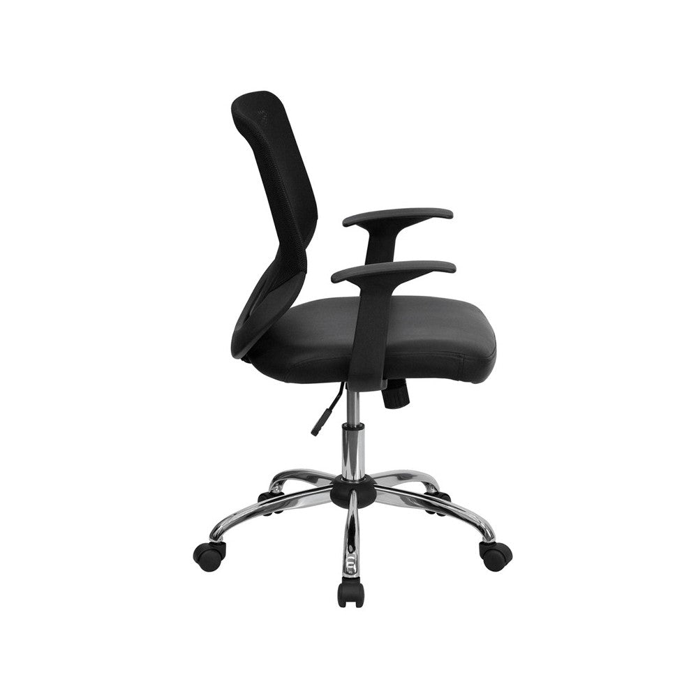 Mid-Back Black Mesh Tapered Back Swivel Task Office Chair with LeatherSoft Seat, Chrome Base and T-Arms
