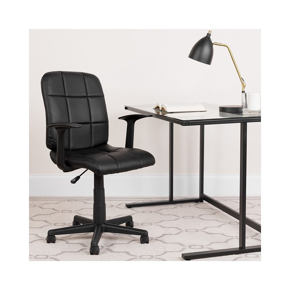 Mid-Back Black Quilted Vinyl Swivel Task Office Chair with Arms
