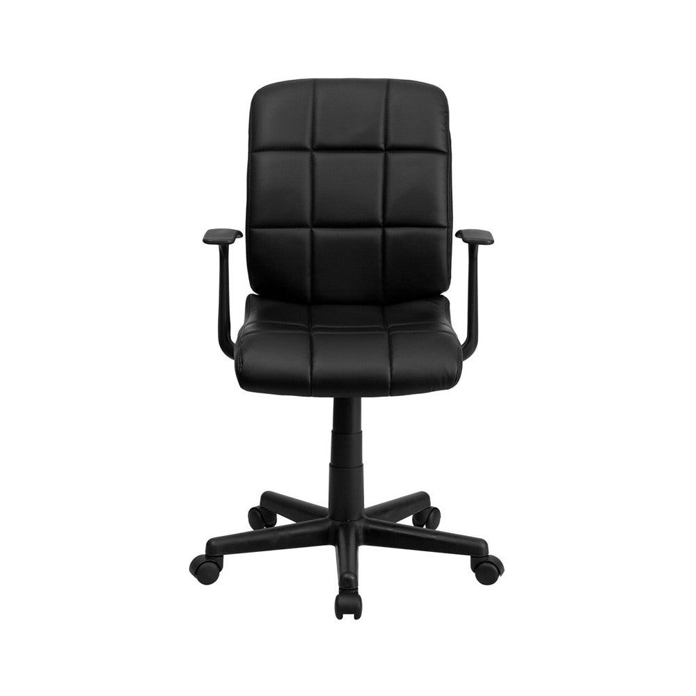 Mid-Back Black Quilted Vinyl Swivel Task Office Chair with Arms