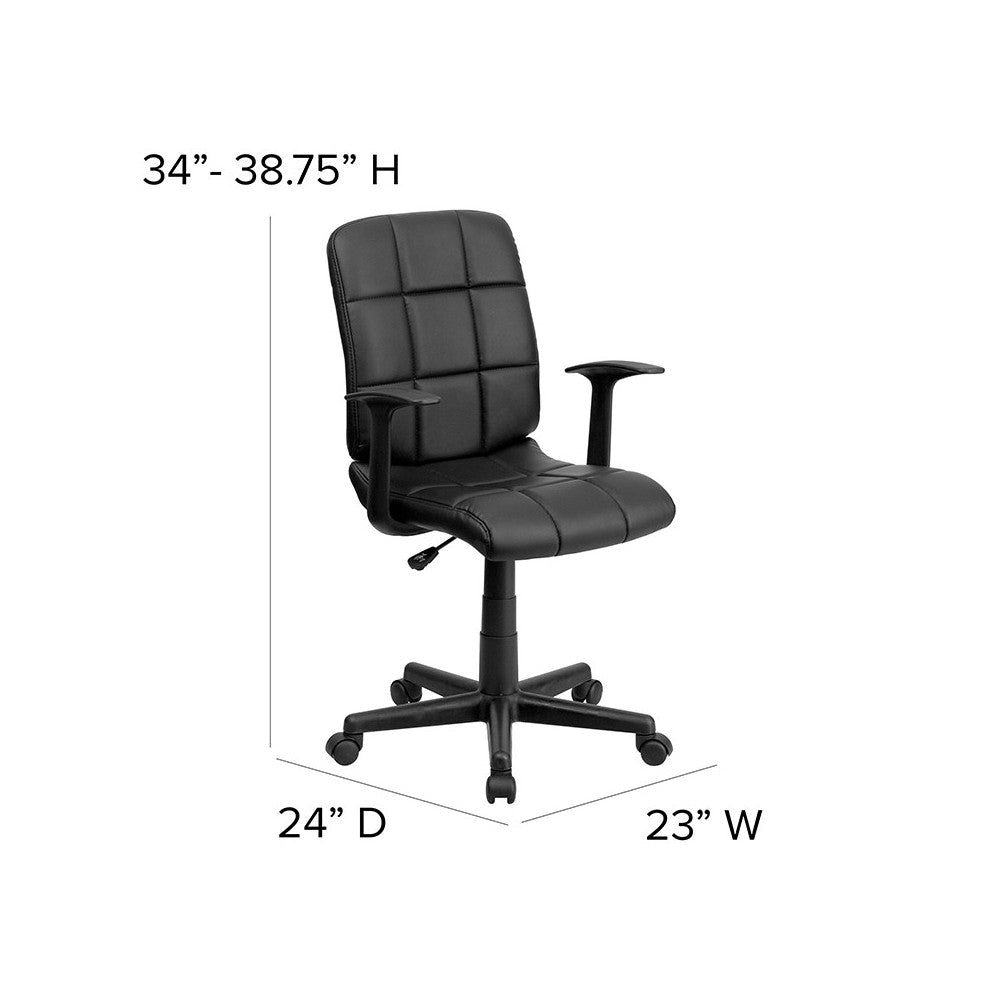 Mid-Back Black Quilted Vinyl Swivel Task Office Chair with Arms