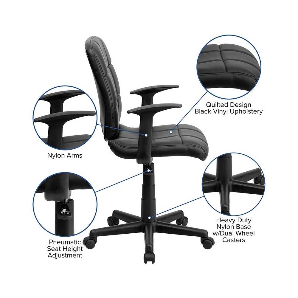 Mid-Back Black Quilted Vinyl Swivel Task Office Chair with Arms