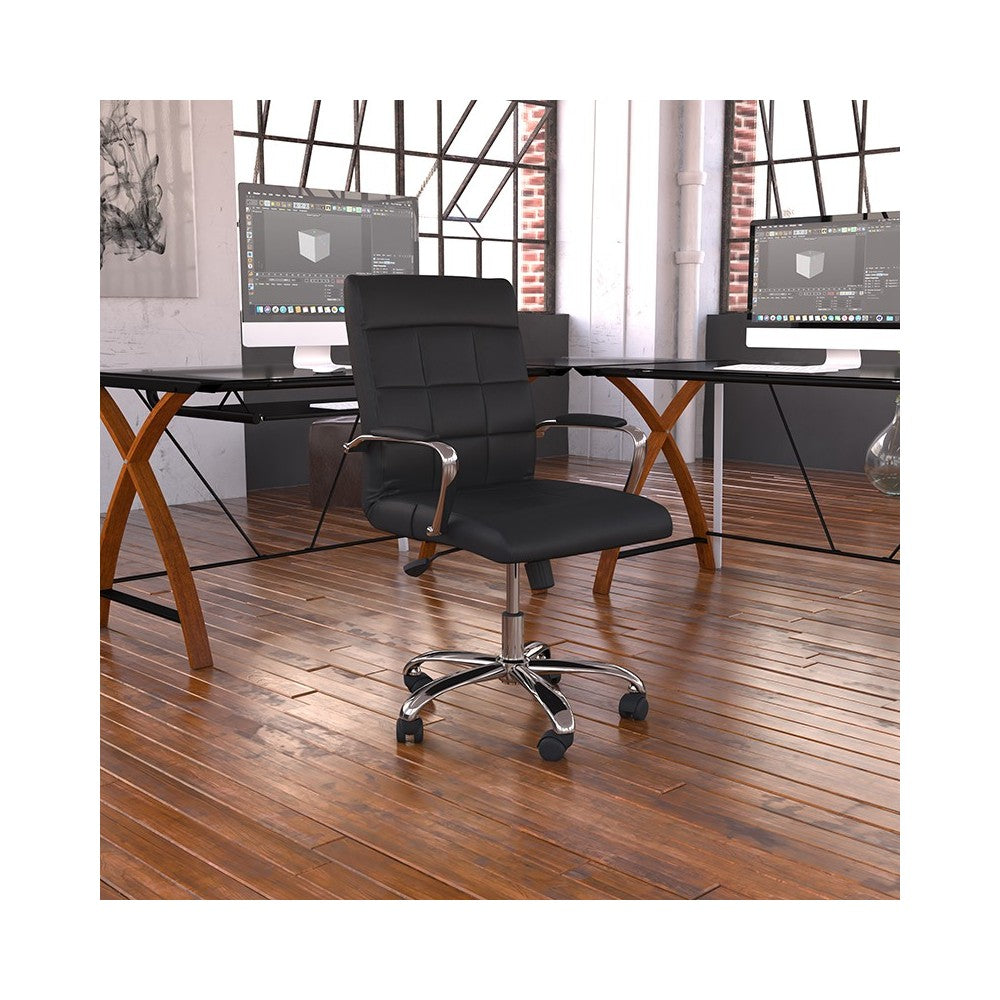 Mid-Back Black Vinyl Executive Swivel Office Chair with Chrome Base and Arms