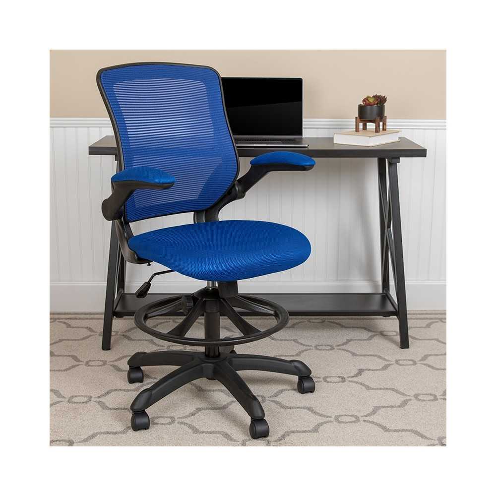 Mid-Back Blue Mesh Ergonomic Drafting Chair with Adjustable Foot Ring and Flip-Up Arms
