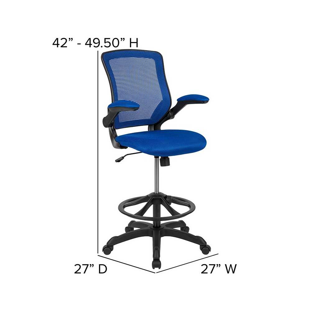 Mid-Back Blue Mesh Ergonomic Drafting Chair with Adjustable Foot Ring and Flip-Up Arms