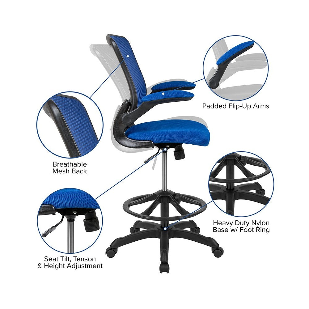 Mid-Back Blue Mesh Ergonomic Drafting Chair with Adjustable Foot Ring and Flip-Up Arms