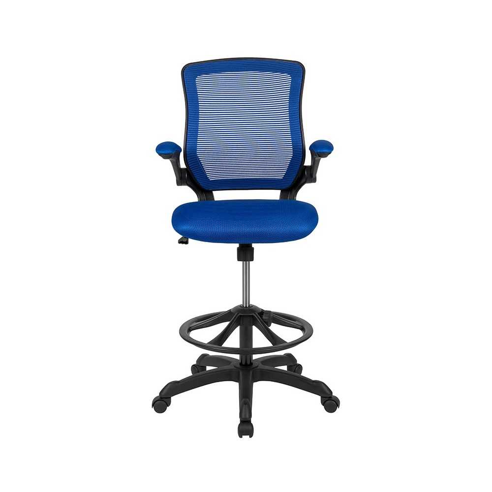 Mid-Back Blue Mesh Ergonomic Drafting Chair with Adjustable Foot Ring and Flip-Up Arms
