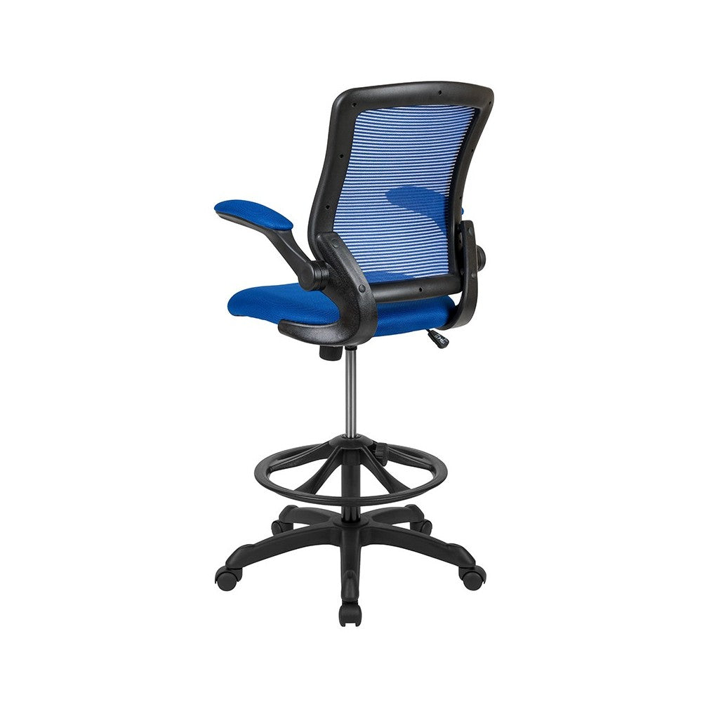 Mid-Back Blue Mesh Ergonomic Drafting Chair with Adjustable Foot Ring and Flip-Up Arms