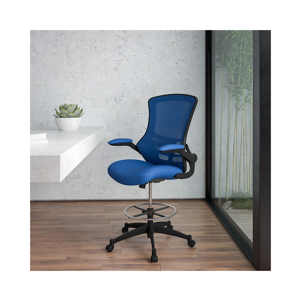 Mid-Back Blue Mesh Ergonomic Drafting Chair with Adjustable Foot Ring and Flip-Up Arms