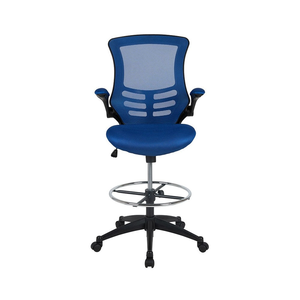 Mid-Back Blue Mesh Ergonomic Drafting Chair with Adjustable Foot Ring and Flip-Up Arms