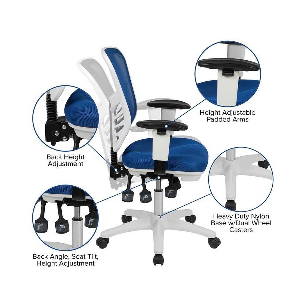 Mid-Back Blue Mesh Multifunction Executive Swivel Ergonomic Office Chair with Adjustable Arms and White Frame