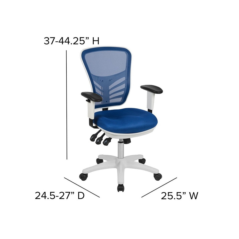 Mid-Back Blue Mesh Multifunction Executive Swivel Ergonomic Office Chair with Adjustable Arms and White Frame