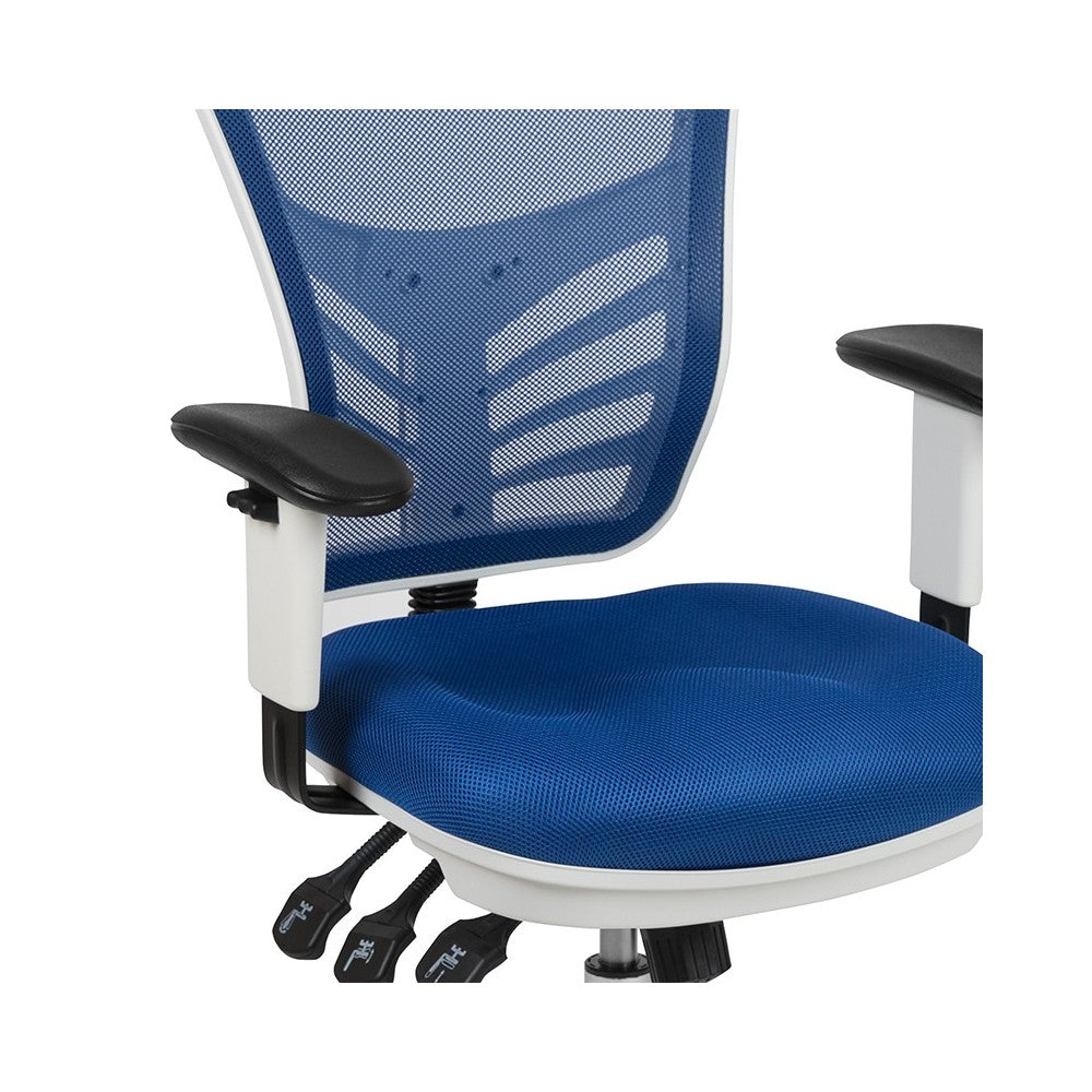 Mid-Back Blue Mesh Multifunction Executive Swivel Ergonomic Office Chair with Adjustable Arms and White Frame