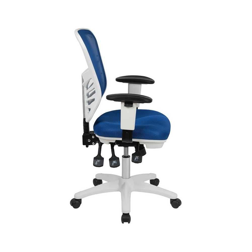 Mid-Back Blue Mesh Multifunction Executive Swivel Ergonomic Office Chair with Adjustable Arms and White Frame