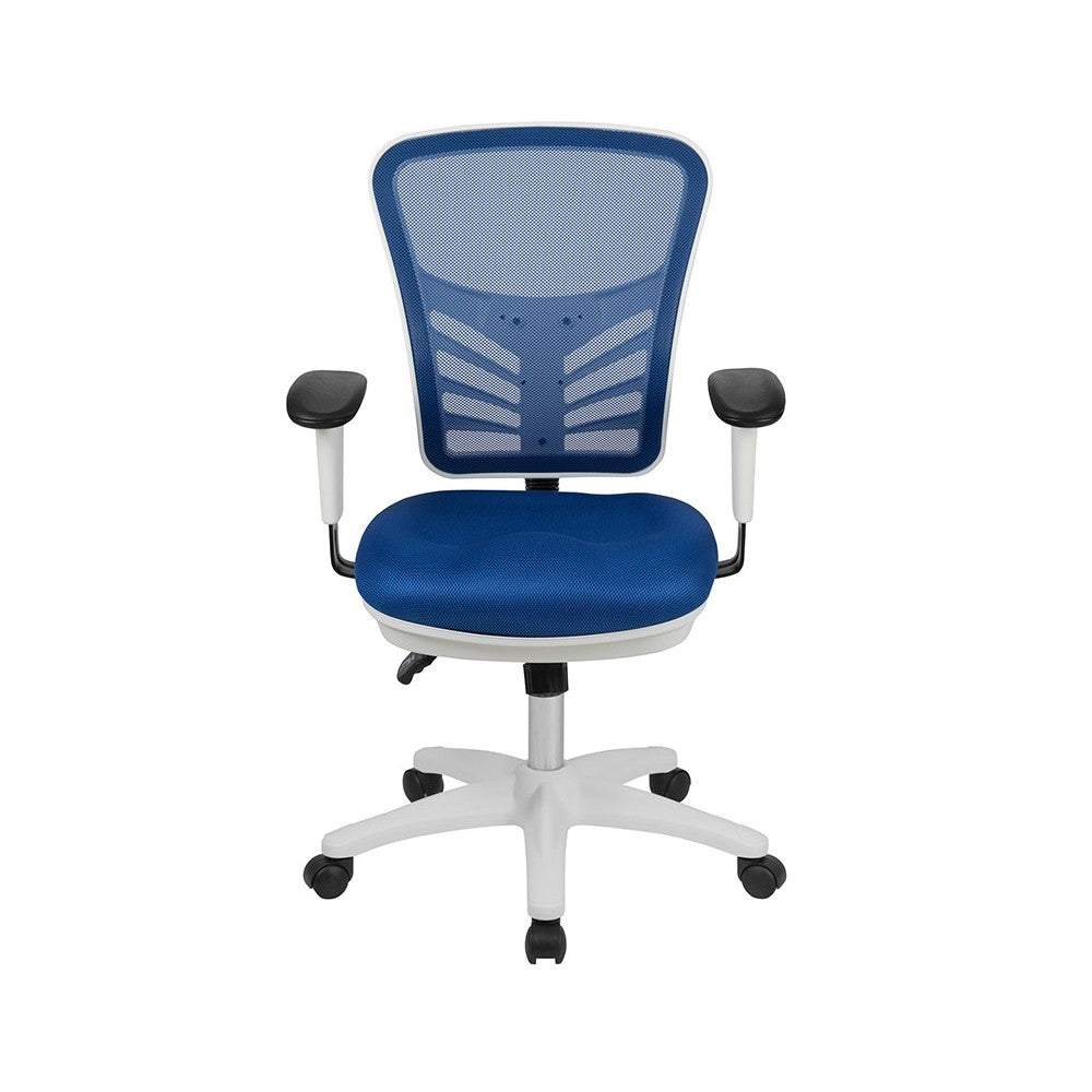 Mid-Back Blue Mesh Multifunction Executive Swivel Ergonomic Office Chair with Adjustable Arms and White Frame