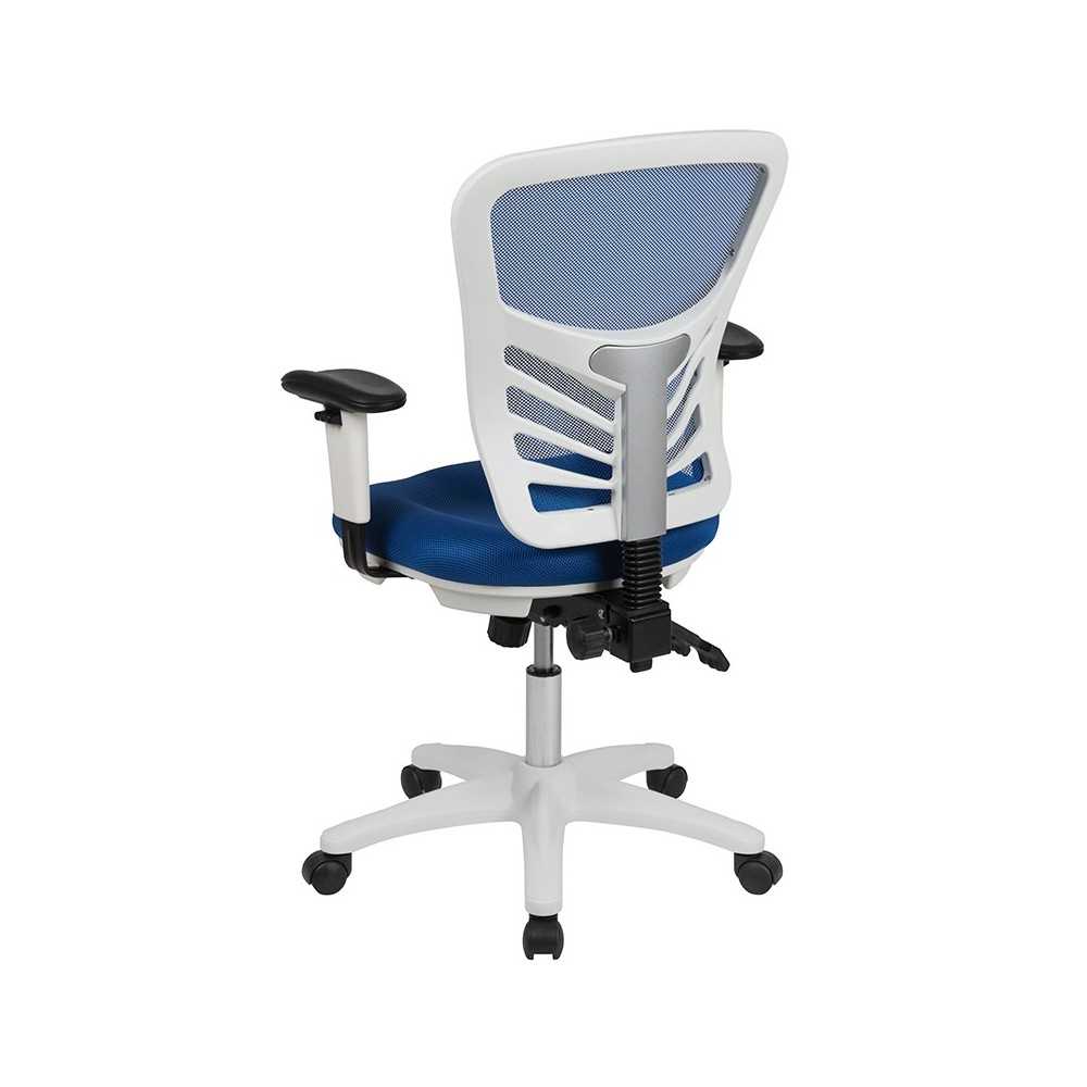 Mid-Back Blue Mesh Multifunction Executive Swivel Ergonomic Office Chair with Adjustable Arms and White Frame