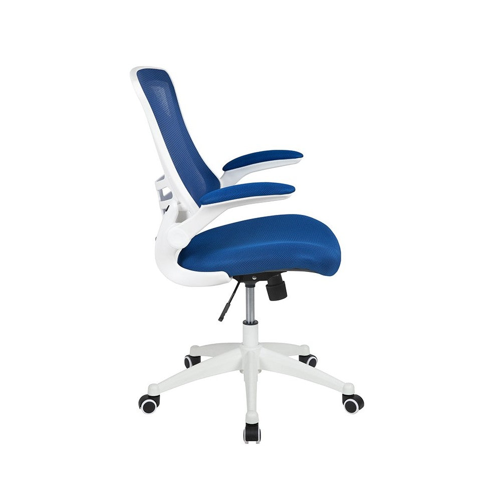 Mid-Back Blue Mesh Swivel Ergonomic Task Office Chair with White Frame and Flip-Up Arms