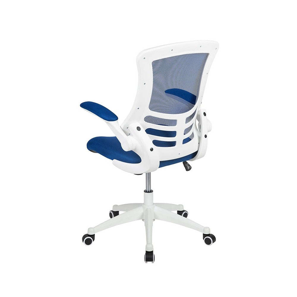 Mid-Back Blue Mesh Swivel Ergonomic Task Office Chair with White Frame and Flip-Up Arms