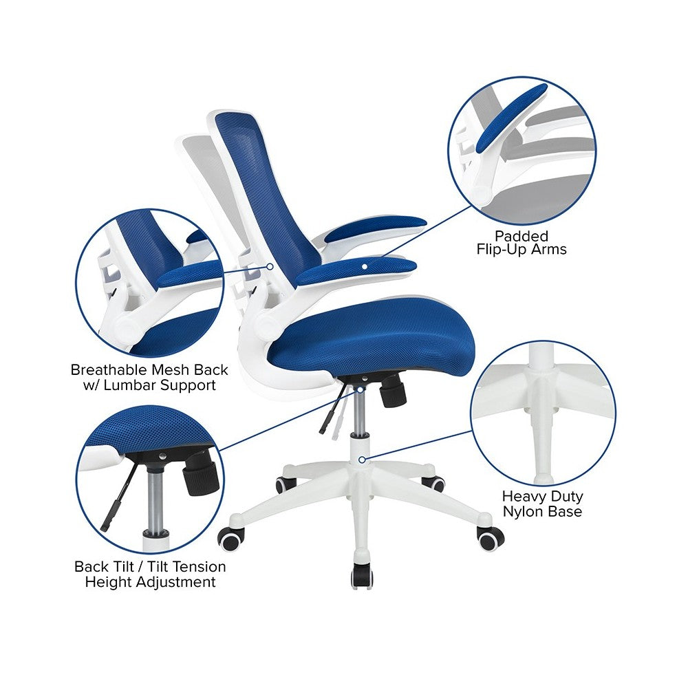 Mid-Back Blue Mesh Swivel Ergonomic Task Office Chair with White Frame and Flip-Up Arms