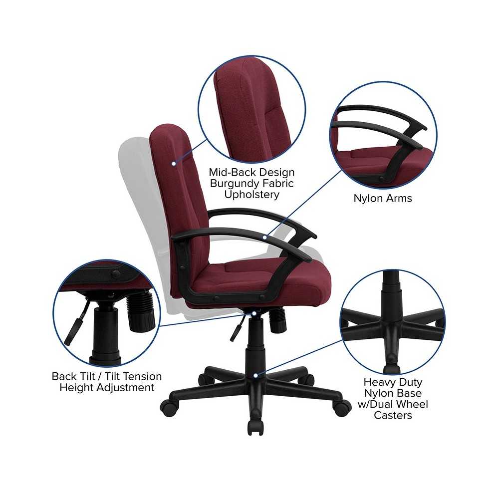 Mid-Back Burgundy Fabric Executive Swivel Office Chair with Nylon Arms