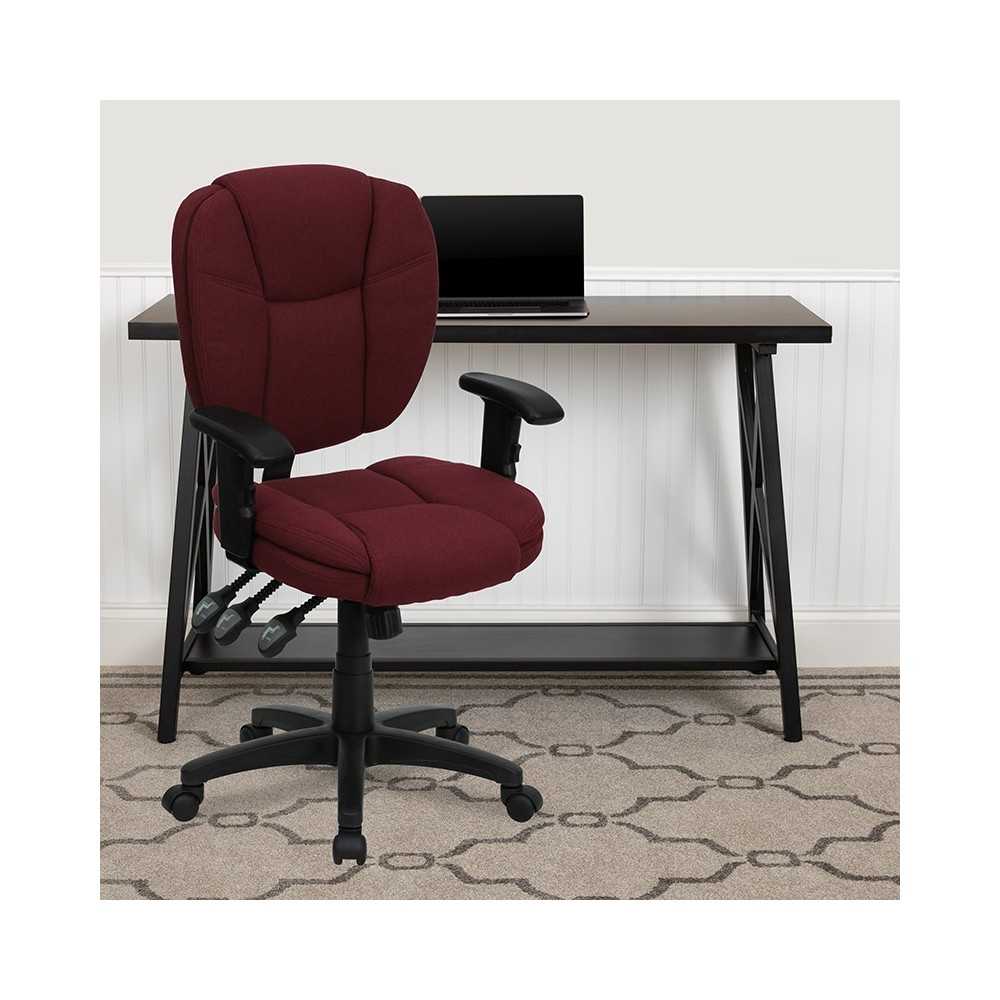 Mid-Back Burgundy Fabric Multifunction Swivel Ergonomic Task Office Chair with Pillow Top Cushioning and Arms