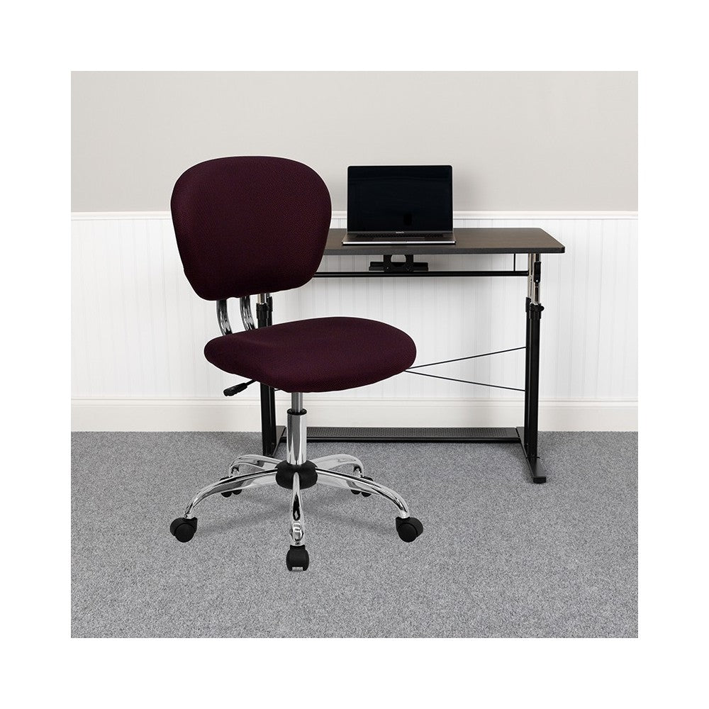 Mid-Back Burgundy Mesh Padded Swivel Task Office Chair with Chrome Base