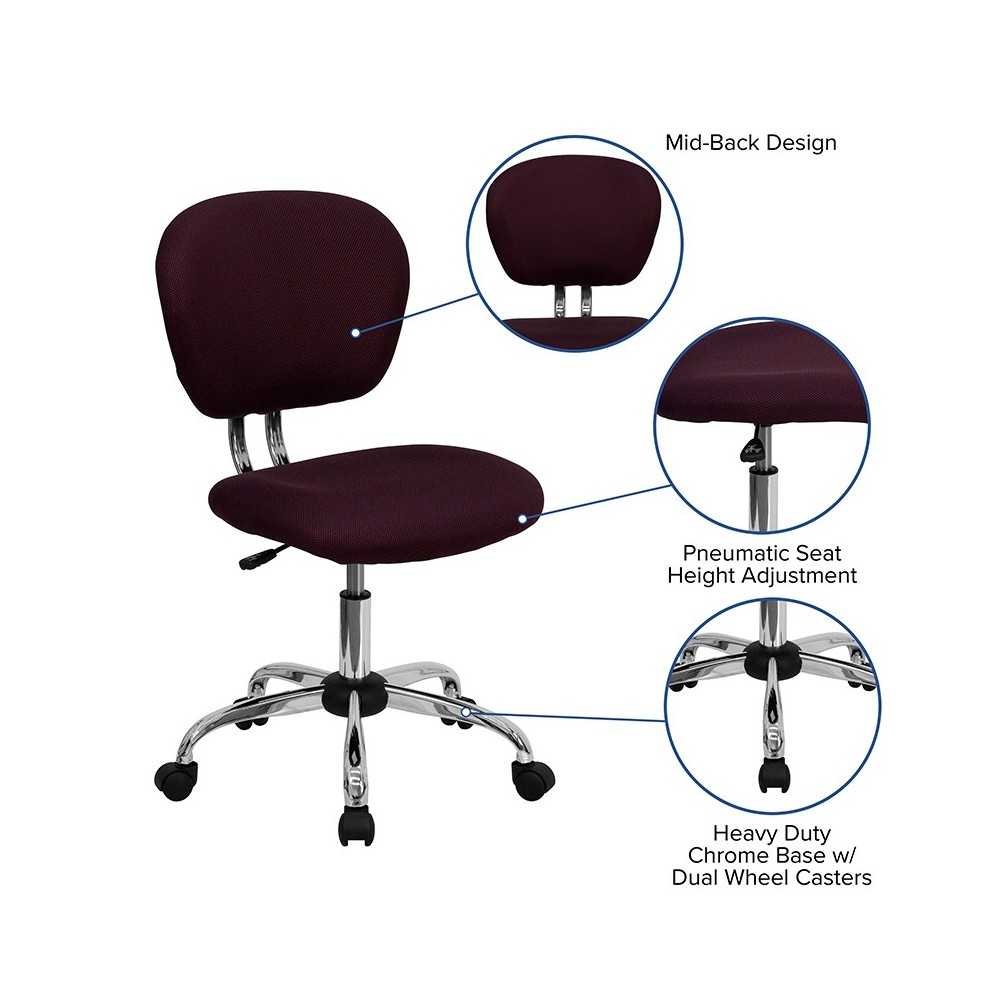 Mid-Back Burgundy Mesh Padded Swivel Task Office Chair with Chrome Base