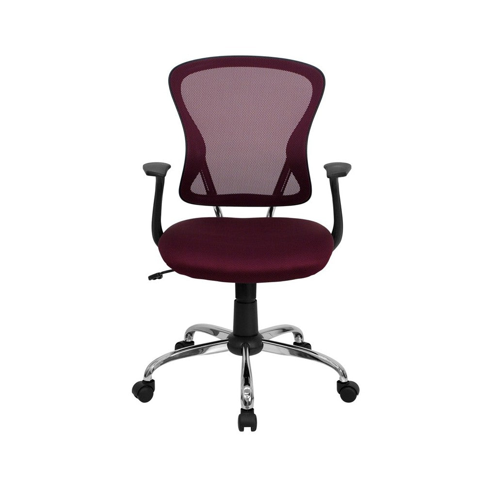 Mid-Back Burgundy Mesh Swivel Task Office Chair with Chrome Base and Arms