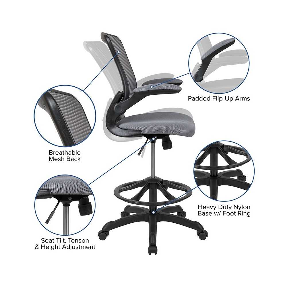 Mid-Back Dark Gray Mesh Ergonomic Drafting Chair with Adjustable Foot Ring and Flip-Up Arms