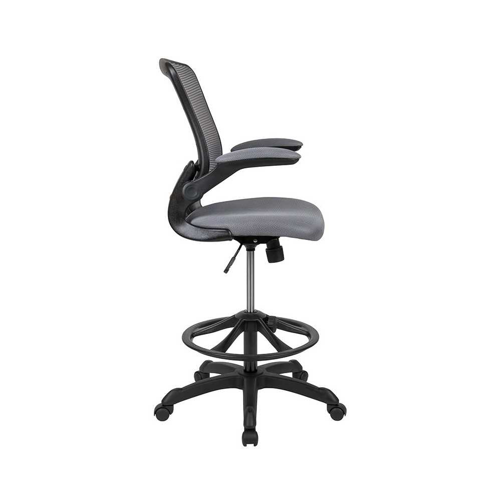 Mid-Back Dark Gray Mesh Ergonomic Drafting Chair with Adjustable Foot Ring and Flip-Up Arms