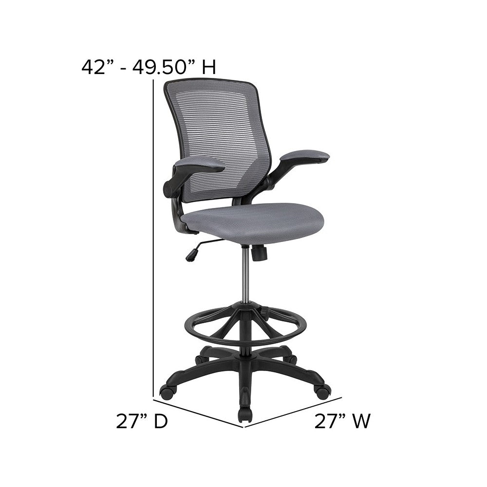 Mid-Back Dark Gray Mesh Ergonomic Drafting Chair with Adjustable Foot Ring and Flip-Up Arms