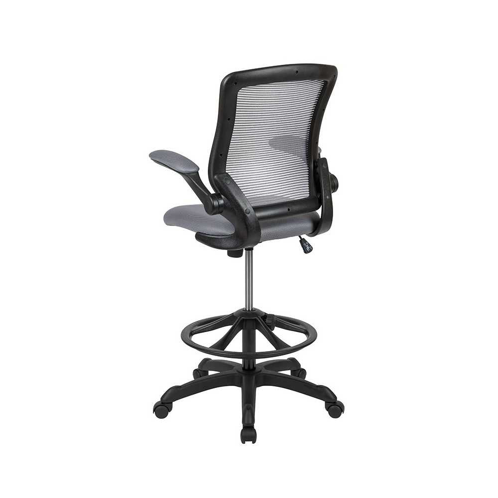 Mid-Back Dark Gray Mesh Ergonomic Drafting Chair with Adjustable Foot Ring and Flip-Up Arms