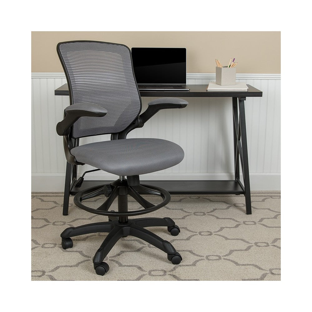 Mid-Back Dark Gray Mesh Ergonomic Drafting Chair with Adjustable Foot Ring and Flip-Up Arms