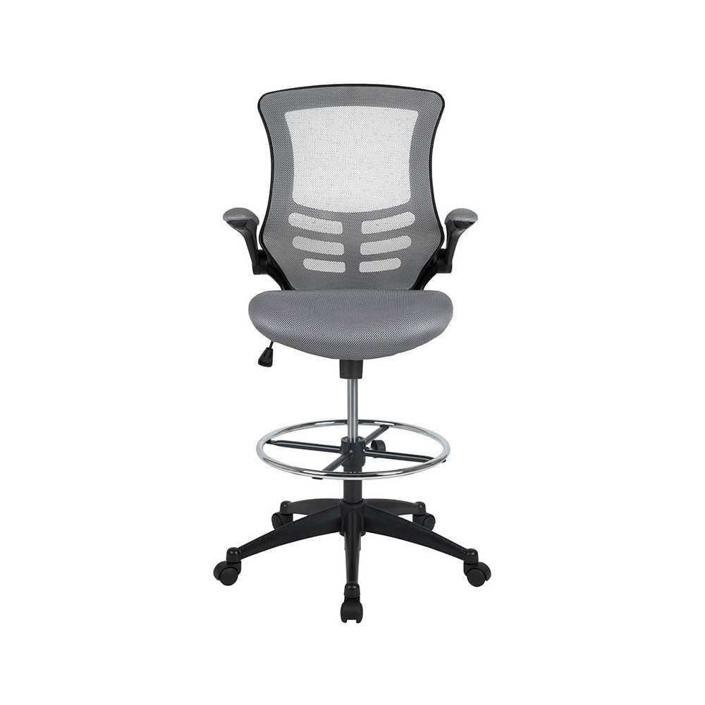 Mid-Back Dark Gray Mesh Ergonomic Drafting Chair with Adjustable Foot Ring and Flip-Up Arms
