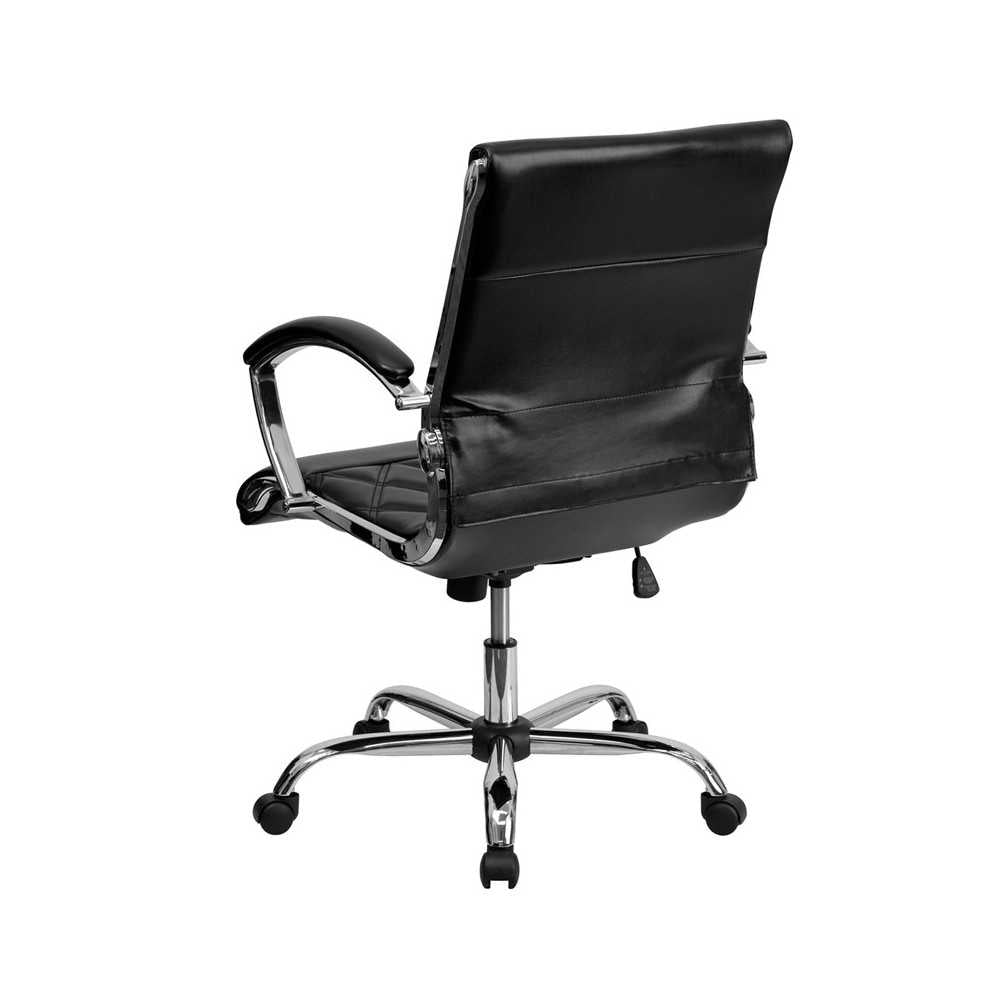Mid-Back Designer Black LeatherSoft Executive Swivel Office Chair with Chrome Base and Arms