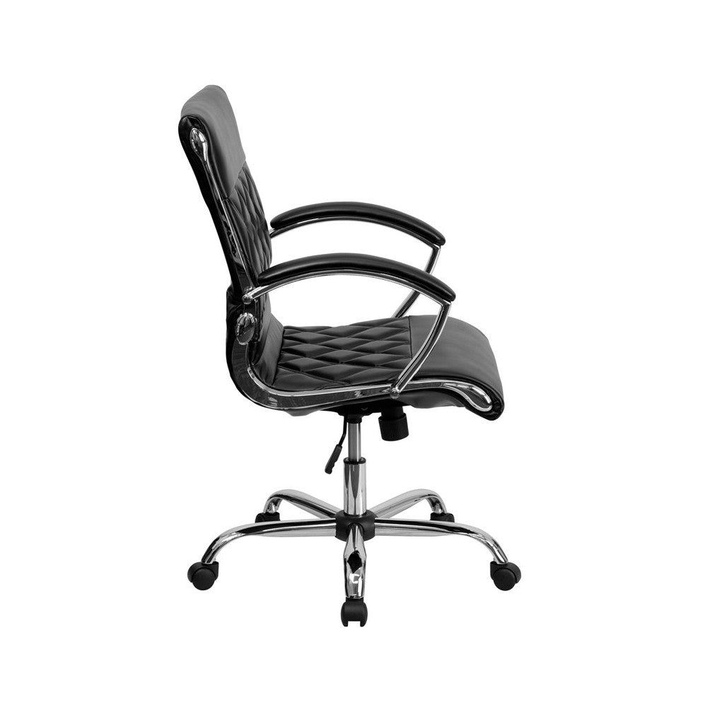 Mid-Back Designer Black LeatherSoft Executive Swivel Office Chair with Chrome Base and Arms