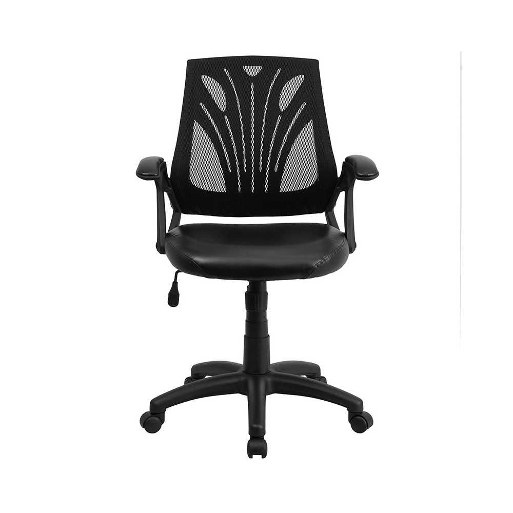 Mid-Back Designer Black Mesh Swivel Task Office Chair with LeatherSoft Seat and Open Arms