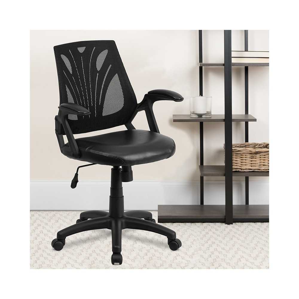 Mid-Back Designer Black Mesh Swivel Task Office Chair with LeatherSoft Seat and Open Arms