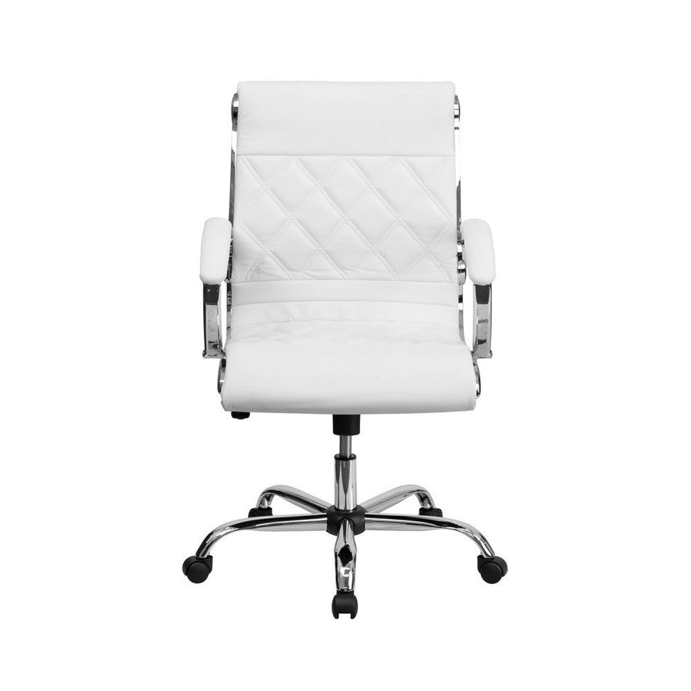 Mid-Back Designer White LeatherSoft Executive Swivel Office Chair with Chrome Base and Arms
