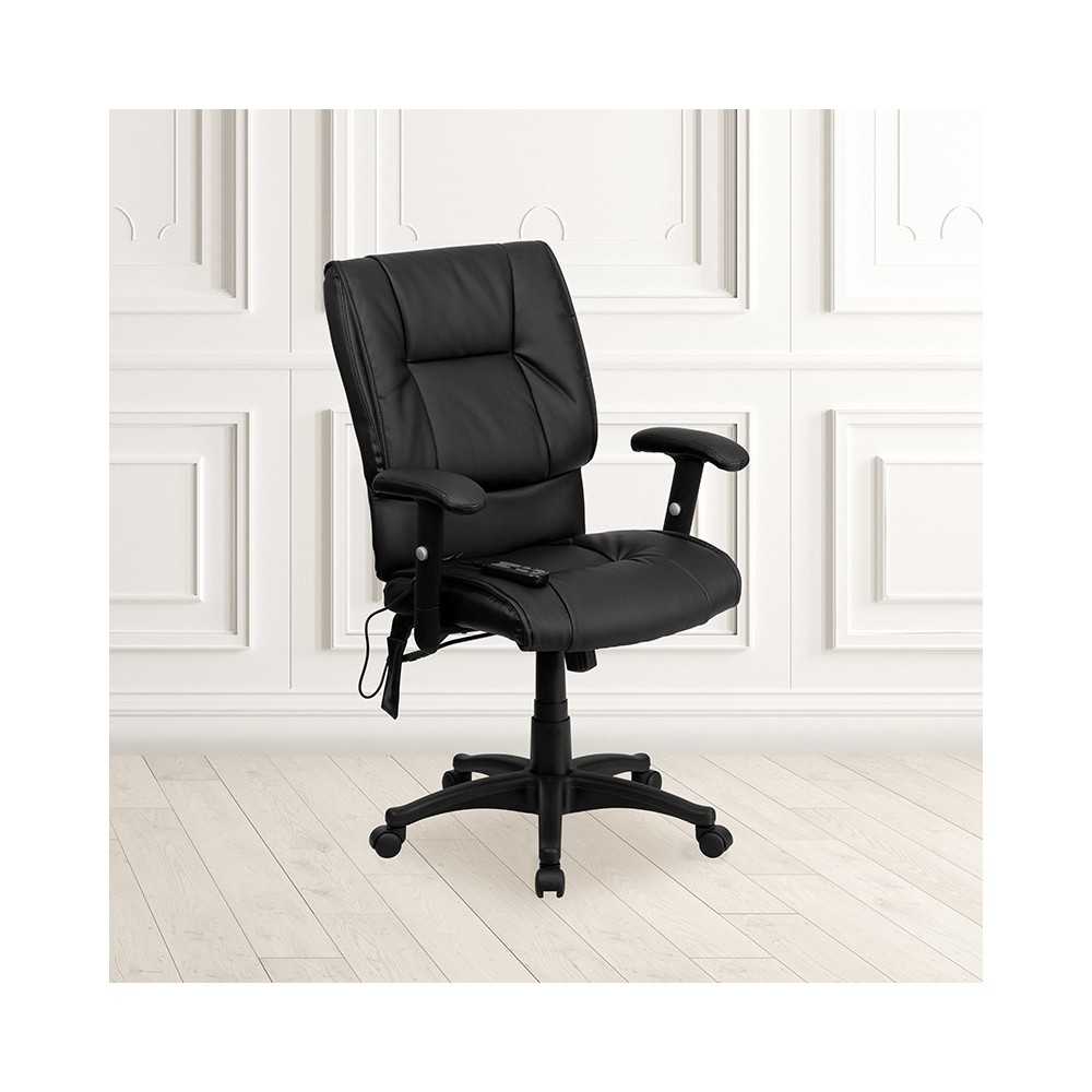 Mid-Back Ergonomic Massaging Black LeatherSoft Executive Swivel Office Chair with Adjustable Arms