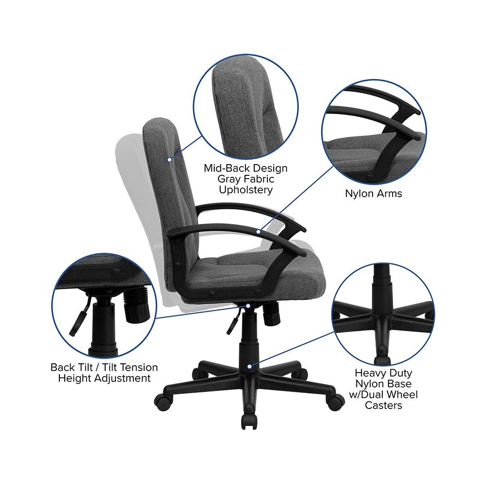 Mid-Back Gray Fabric Executive Swivel Office Chair with Nylon Arms